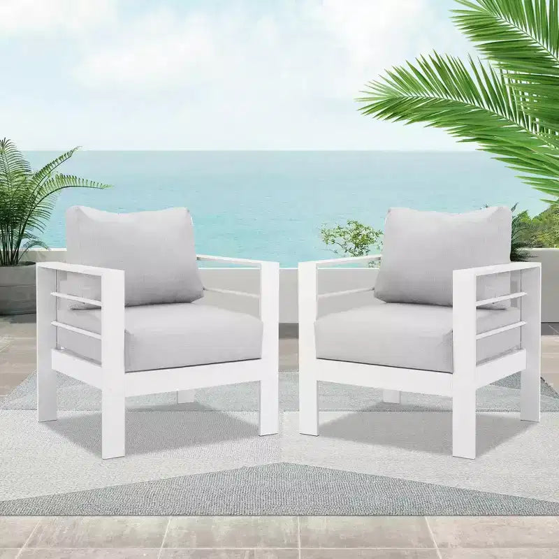 Heynemo Fauteuil de jardin en métal, 2 pièces en aluminium toutes saisons, chaise de canapé contemporaine d'extérieur (blanc) avec coussins (gris clair)
