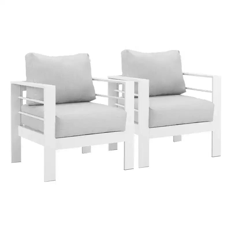 Heynemo Fauteuil de jardin en métal, 2 pièces en aluminium toutes saisons, chaise de canapé contemporaine d'extérieur (blanc) avec coussins (gris clair)