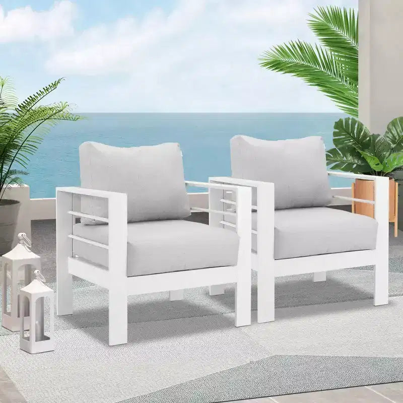Heynemo Fauteuil de jardin en métal, 2 pièces en aluminium toutes saisons, chaise de canapé contemporaine d'extérieur (blanc) avec coussins (gris clair)