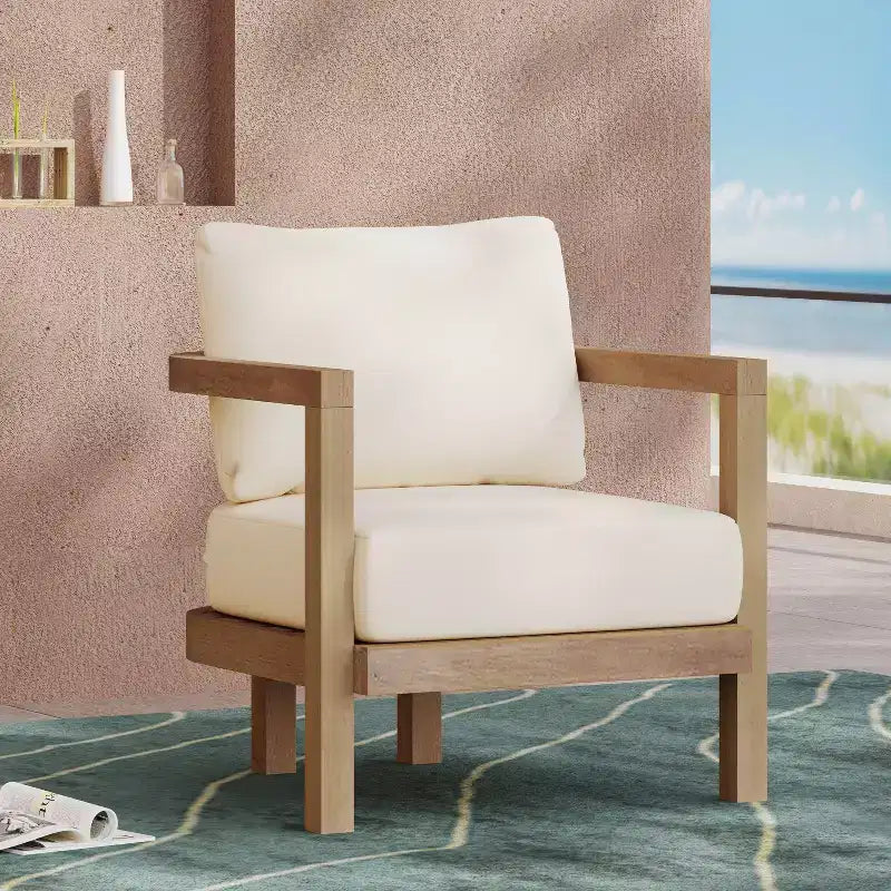 Christopher Knight Home Aston Outdoor Acacia Wood Club Chair with Cushions, Weathered Brown and Beige