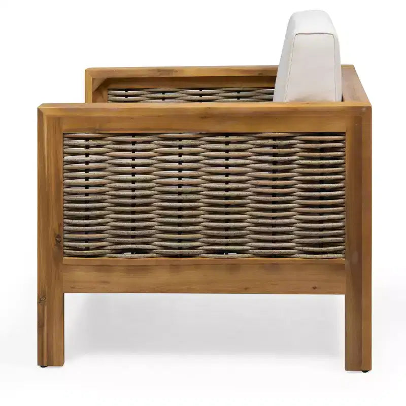Fauteuil de club d'extérieur GDFStudio Allegra en bois d'acacia et osier avec coussin