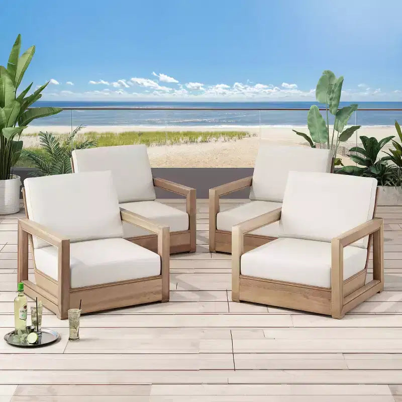 Christopher Knight Home Westchester, Chaises de club d'extérieur en bois d'acacia avec coussins (Lot de 4), Marron/Beige