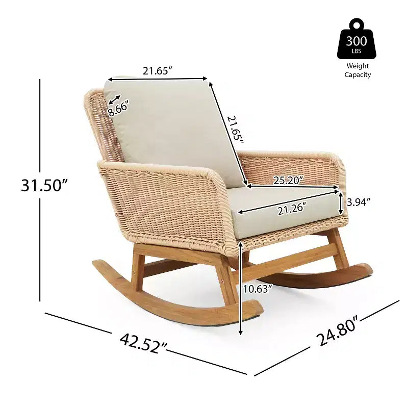 Fauteuil à bascule élégant en osier avec coussins, fauteuil à bascule en bois avec accoudoirs en rotin, parfait pour l'intérieur et l'extérieur - ModernLuxe