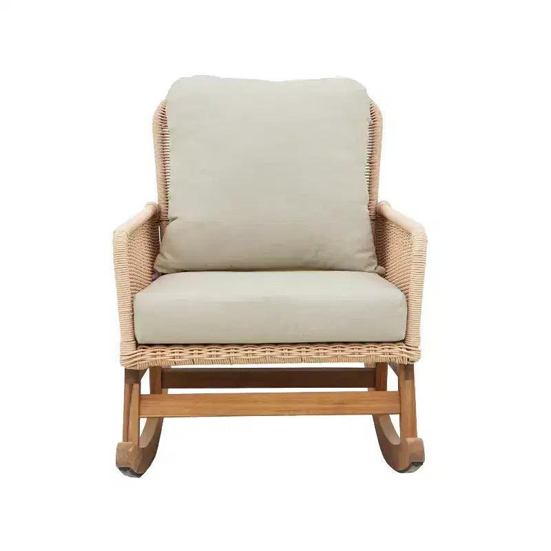 Fauteuil à bascule élégant en osier avec coussins, fauteuil à bascule en bois avec accoudoirs en rotin, parfait pour l'intérieur et l'extérieur - ModernLuxe