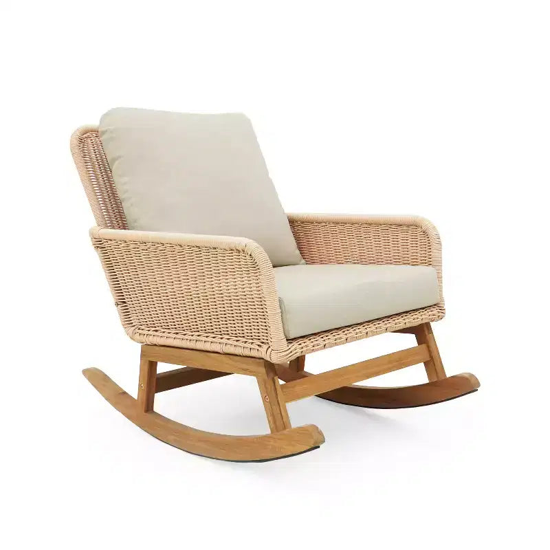 Fauteuil à bascule élégant en osier avec coussins, fauteuil à bascule en bois avec accoudoirs en rotin, parfait pour l'intérieur et l'extérieur - ModernLuxe