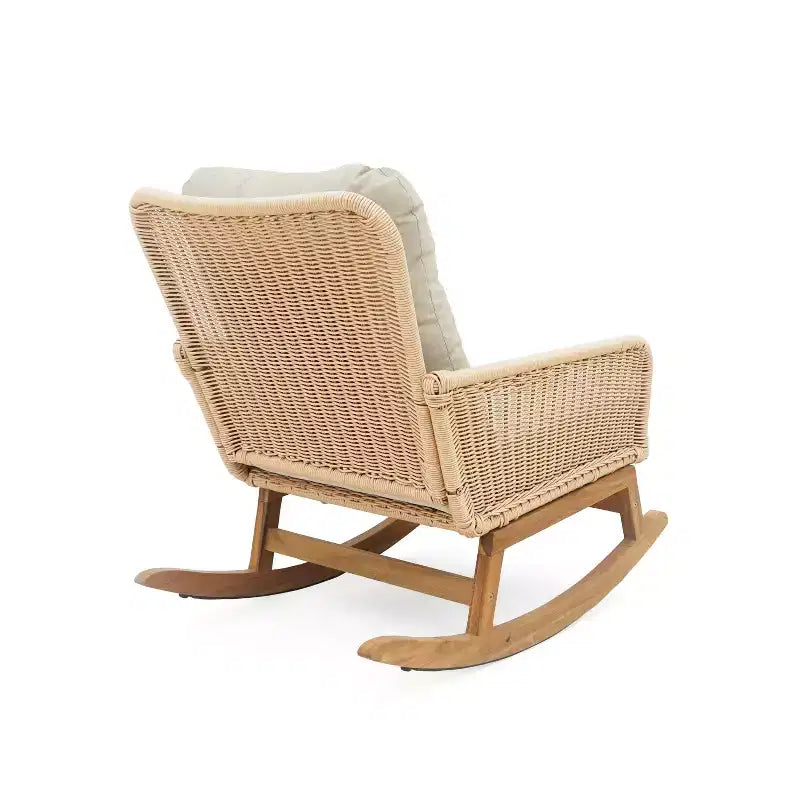 Fauteuil à bascule élégant en osier avec coussins, fauteuil à bascule en bois avec accoudoirs en rotin, parfait pour l'intérieur et l'extérieur - ModernLuxe