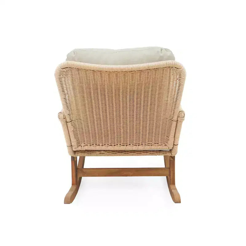 Fauteuil à bascule élégant en osier avec coussins, fauteuil à bascule en bois avec accoudoirs en rotin, parfait pour l'intérieur et l'extérieur - ModernLuxe