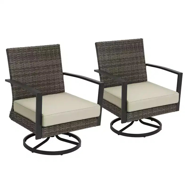 Chaises de salle à manger pivotantes Heynemo pour terrasse avec rotation à 360 degrés, chaises en rotin toutes saisons avec coussins et cadre en métal pour véranda, bistrot, balcon