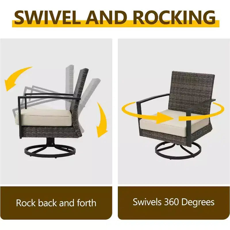 Chaises de salle à manger pivotantes Heynemo pour terrasse avec rotation à 360 degrés, chaises en rotin toutes saisons avec coussins et cadre en métal pour véranda, bistrot, balcon