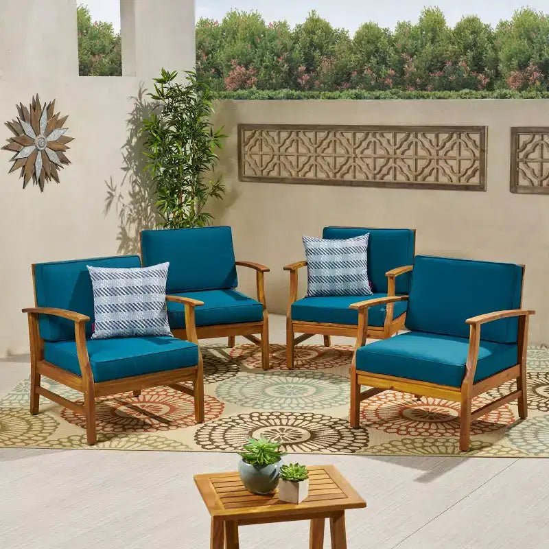 Chaises de club d'extérieur GDFStudio Abena en bois d'acacia avec coussins (lot de 4)