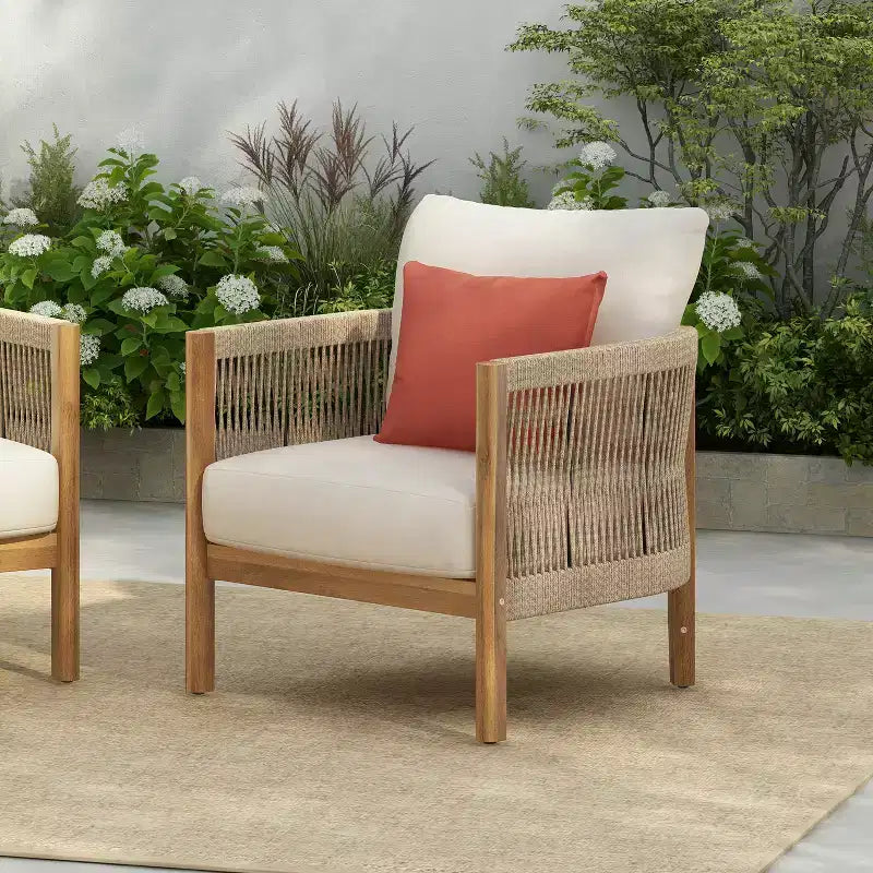 Christopher Knight Home Celeste Patio Rope Weaving Acacia Wood Upholstered Club Chair
