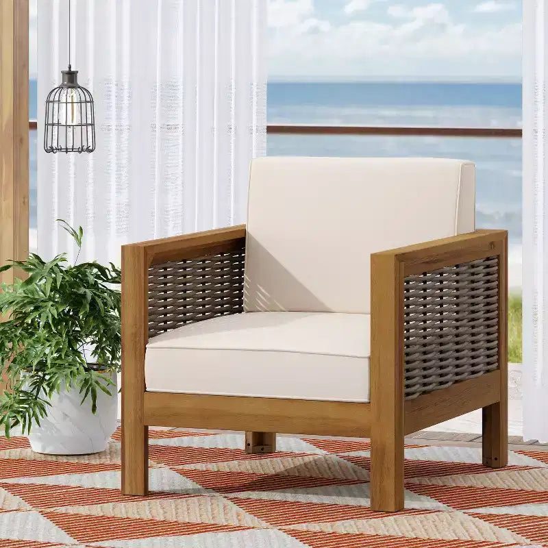Outdoor Patio Chair, Acacia Wood Frame Club Chair with Wicker Accents and Cushions - Merax