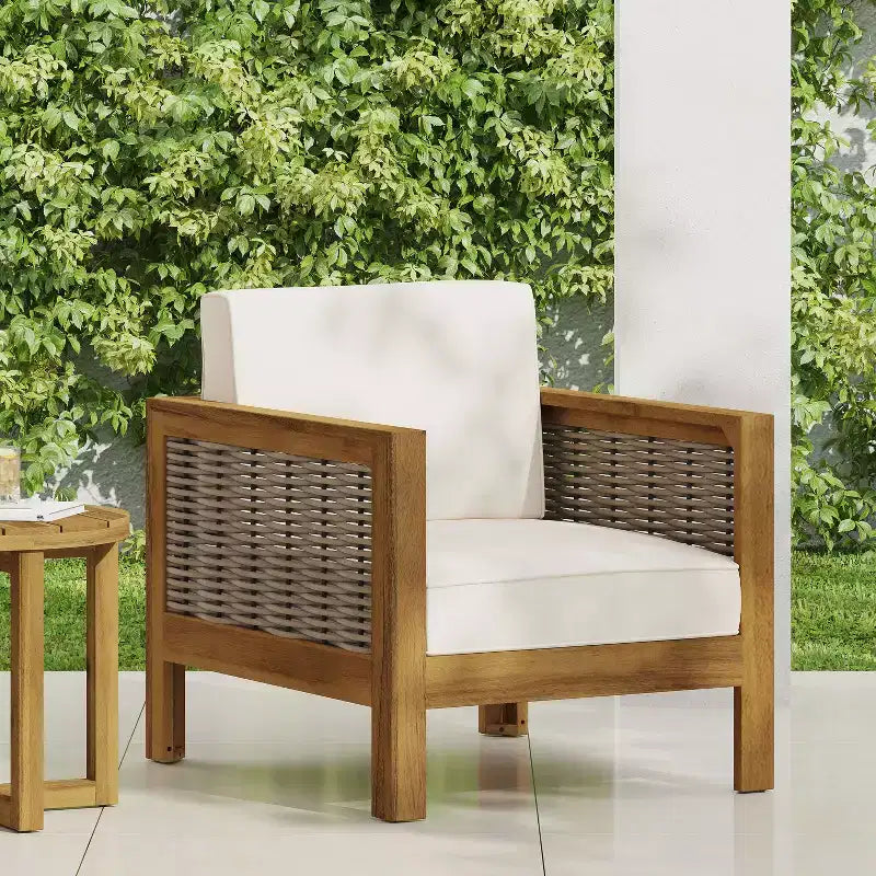 Fauteuil de jardin, fauteuil club à cadre en bois d'acacia avec accents en osier et coussins - Merax