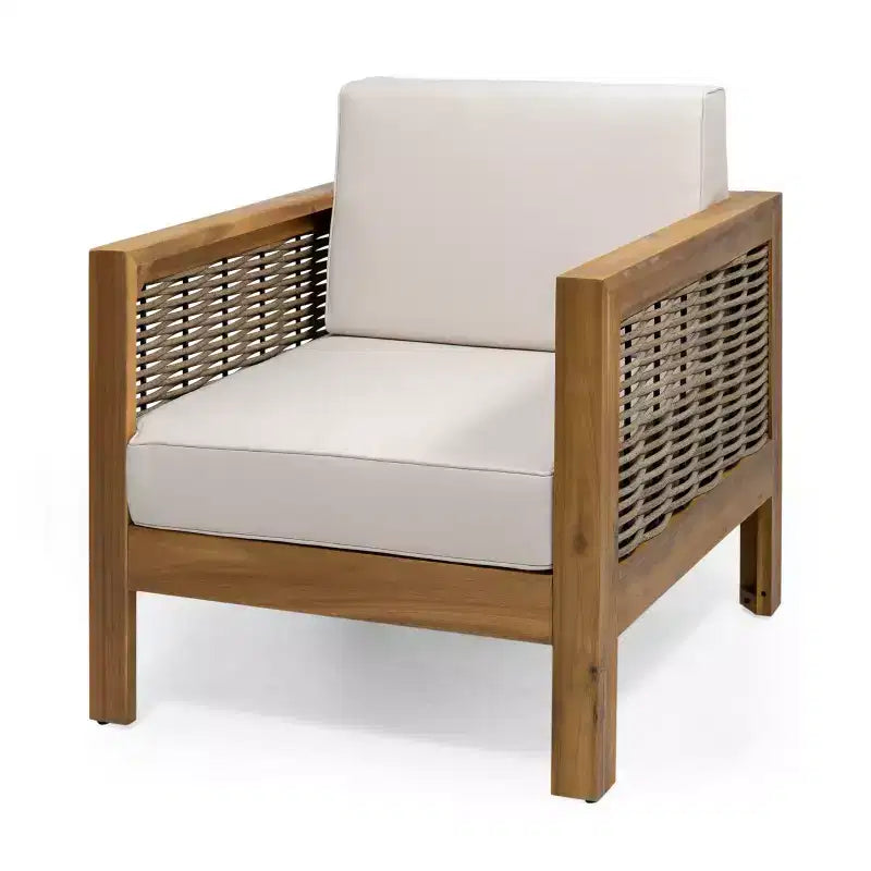 Fauteuil de jardin, fauteuil club à cadre en bois d'acacia avec accents en osier et coussins - Merax