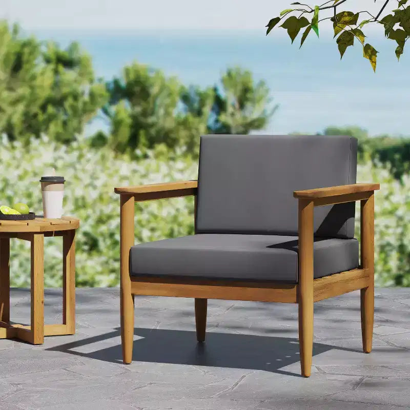GDFStudio Plumb Chaise de club d'extérieur en bois d'acacia avec coussins gris résistants à l'eau