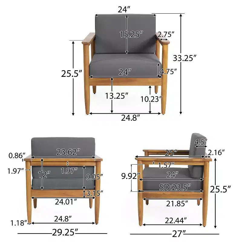 GDFStudio Plumb Chaise de club d'extérieur en bois d'acacia avec coussins gris résistants à l'eau