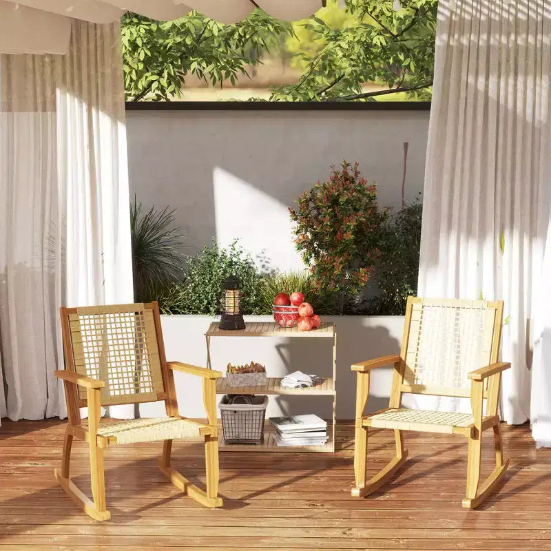 Lot de 2 chaises à bascule d'extérieur Outsunny, en bois d'acacia avec dossier et assise en osier, Kaki