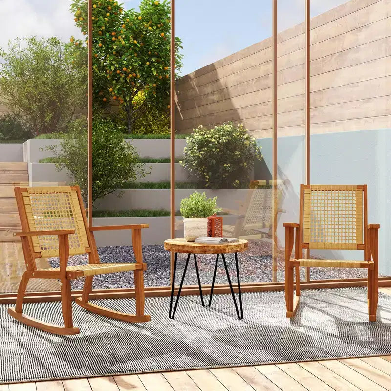 Lot de 2 chaises à bascule d'extérieur Outsunny, en bois d'acacia avec dossier et assise en osier, Kaki