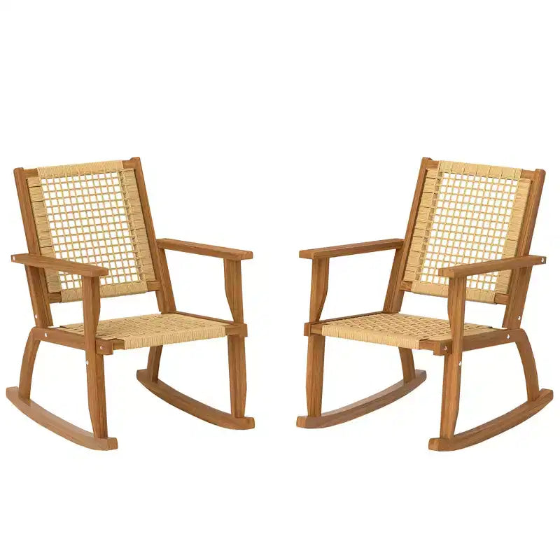 Lot de 2 chaises à bascule d'extérieur Outsunny, en bois d'acacia avec dossier et assise en osier, Kaki