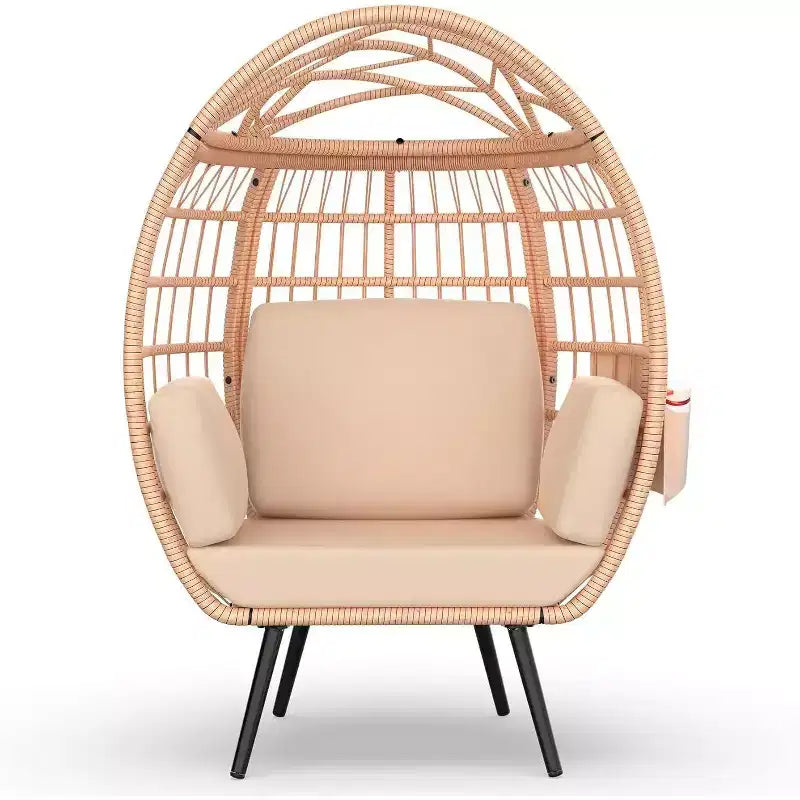 Egg Chair Oversized Lounger with UV-Resistant Cushions, All-Weather Wicker for Indoor/Outdoor, 370lbs Capacity, Beige