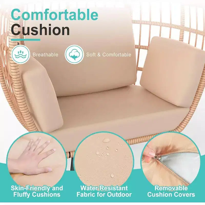 Fauteuil œuf surdimensionné avec coussins résistants aux UV, osier tout temps pour l'intérieur/extérieur, capacité de 168 kg, beige