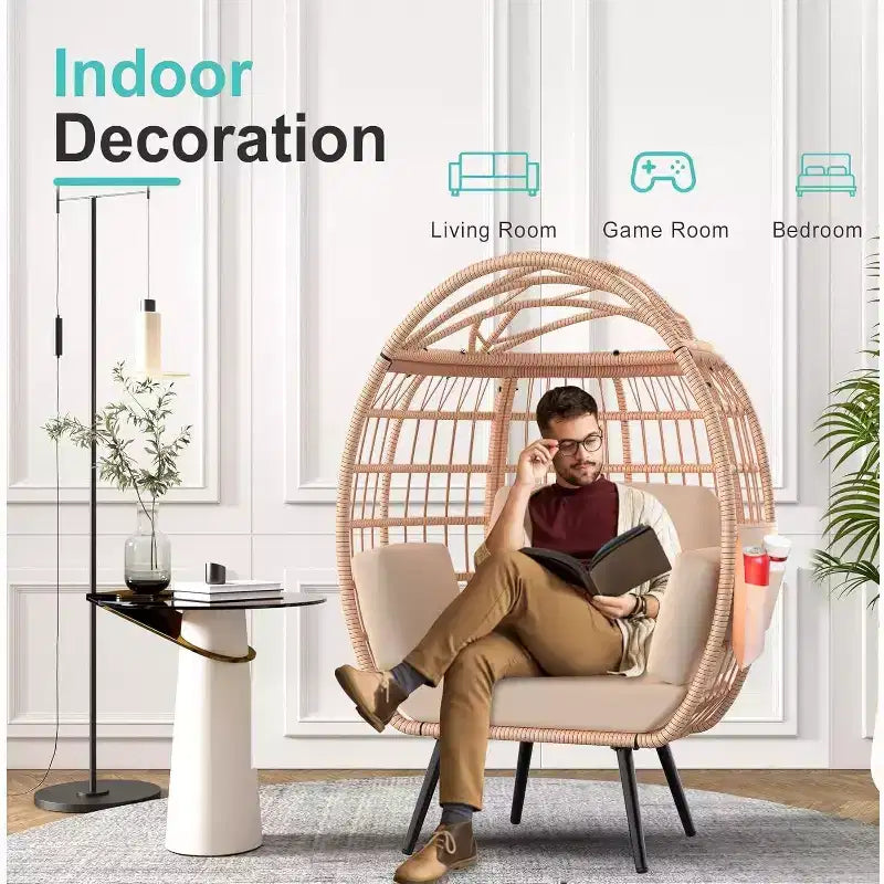 Fauteuil œuf surdimensionné avec coussins résistants aux UV, osier tout temps pour l'intérieur/extérieur, capacité de 168 kg, beige