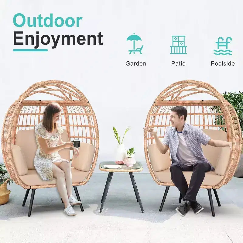 Fauteuil œuf surdimensionné avec coussins résistants aux UV, osier tout temps pour l'intérieur/extérieur, capacité de 168 kg, beige
