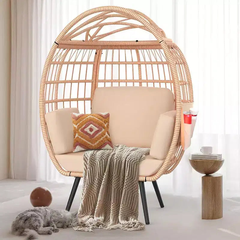 Fauteuil œuf surdimensionné avec coussins résistants aux UV, osier tout temps pour l'intérieur/extérieur, capacité de 168 kg, beige