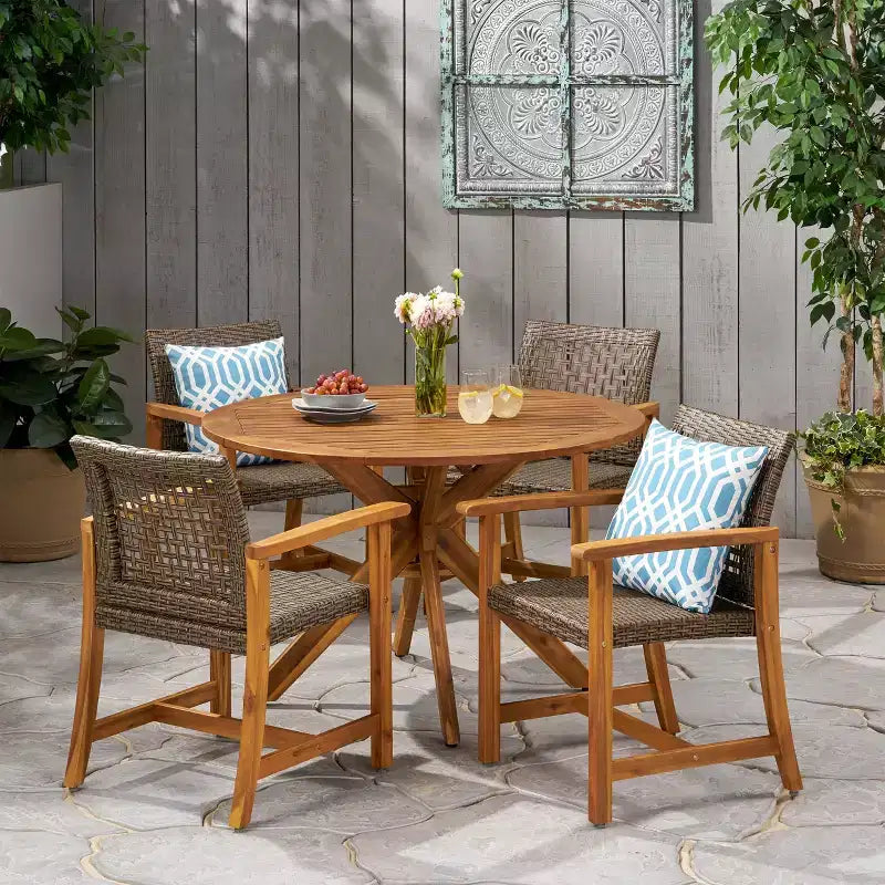 Christopher Knight Home Outdoor Acacia Wood and Wicker 5 Piece Dining Set, Teak/Mixed Mocha