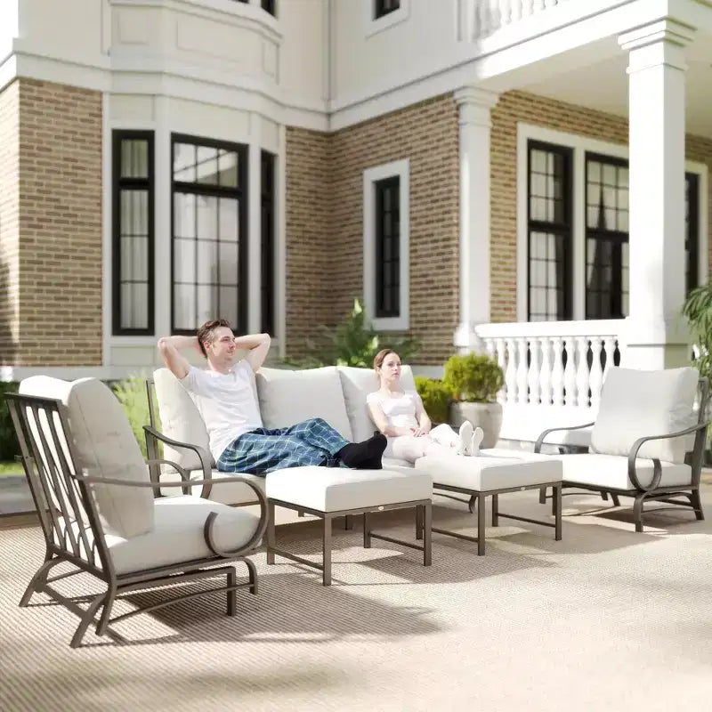 Outsunny 5 Piece Patio Furniture Set with 2 Rocking Chairs, 3-Seat Sofa, and 2 Ottomans for Garden, Lawn, Deck, Backyard, Beige