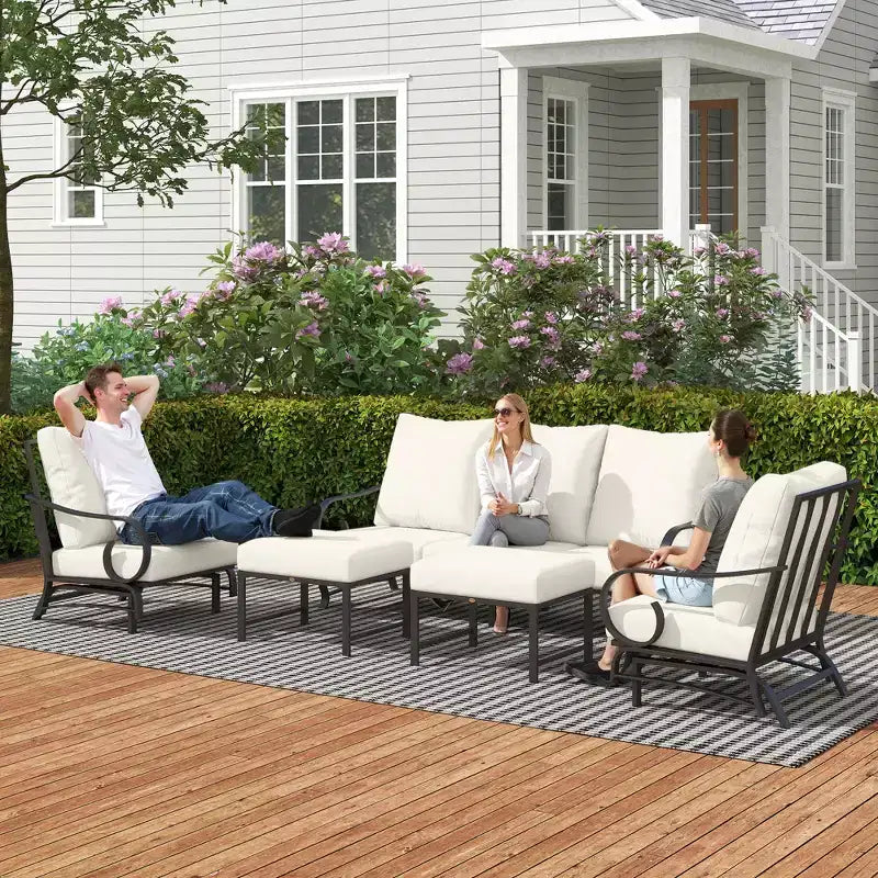 Ensemble de mobilier de jardin Outsunny 5 pièces avec 2 fauteuils à bascule, un canapé 3 places et 2 poufs pour jardin, pelouse, terrasse, arrière-cour, beige