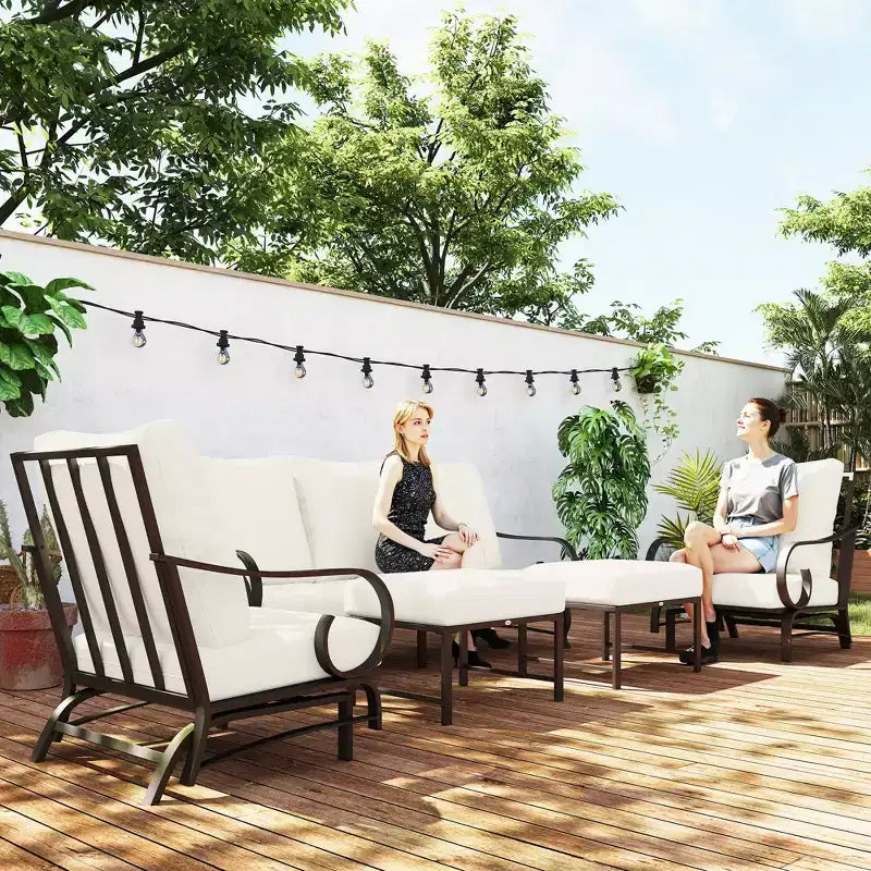 Ensemble de mobilier de jardin Outsunny 5 pièces avec 2 fauteuils à bascule, un canapé 3 places et 2 poufs pour jardin, pelouse, terrasse, arrière-cour, beige