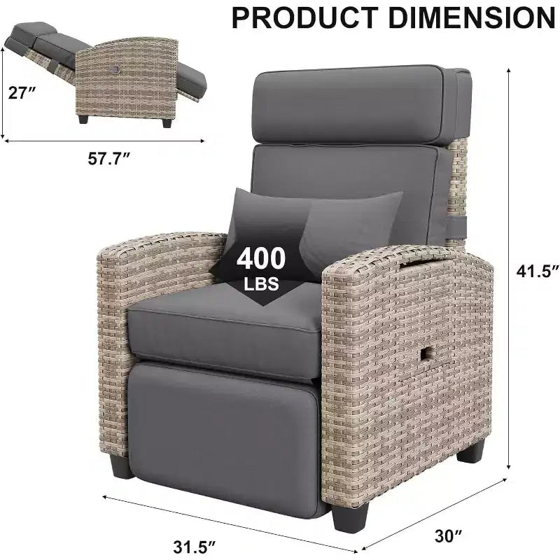 Chaise longue d'extérieur avec dossier et repose-pieds réglables, transat de jardin en rotin inclinable à plat à 150° avec pompe à air, table relevable et coussin amovible