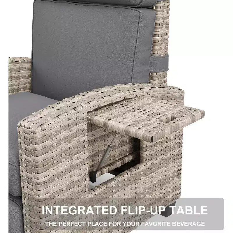 Chaise longue d'extérieur avec dossier et repose-pieds réglables, transat de jardin en rotin inclinable à plat à 150° avec pompe à air, table relevable et coussin amovible