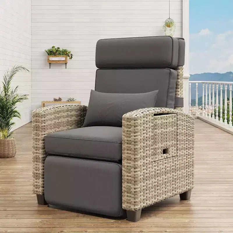Outdoor Recliner Chair w/Adjustable Backrest+Footrest, 150 Lay Flat Rattan Patio Recliner with Air Pump+Flip-Up Table+Removable Cushion