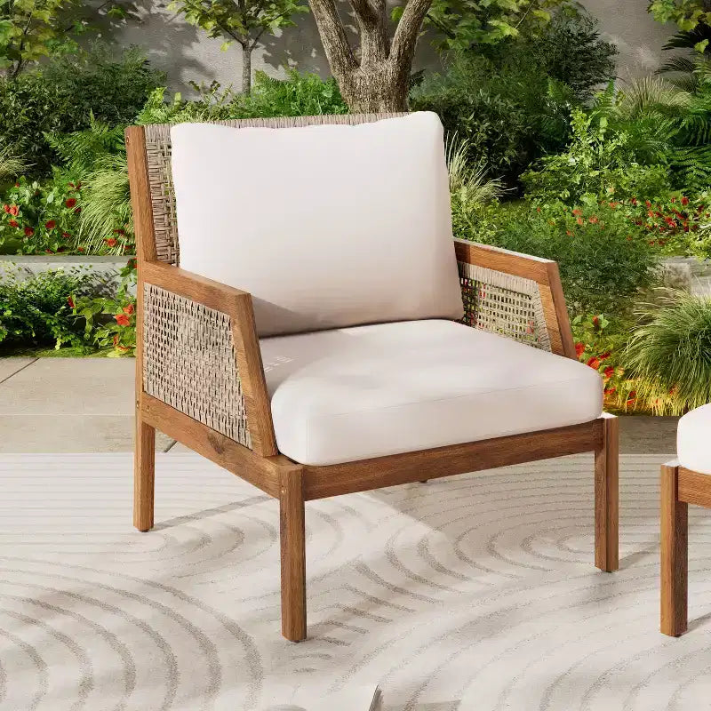 Acacia Wood Outdoor Wicker Club Chair, Woven Accent Chair Armchair with Cushions, Patio Lounge Chair for Porch, Garden & Balcony, Brown - ModernLuxe