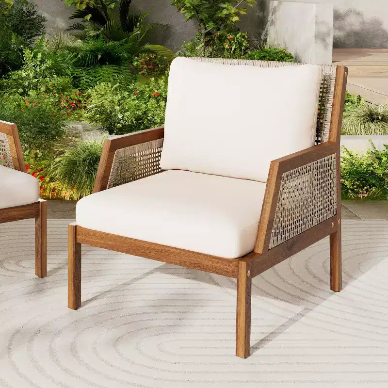 Fauteuil de jardin en bois d'acacia et osier tressé, avec coussins, fauteuil de salon de terrasse pour porche, jardin et balcon, marron - ModernLuxe