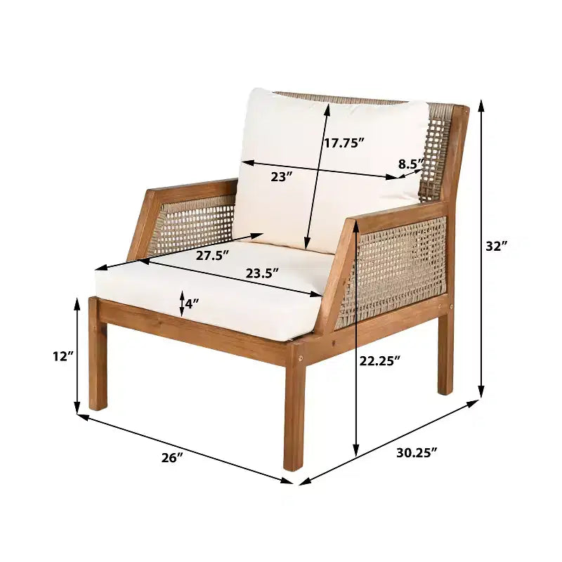 Fauteuil de jardin en bois d'acacia et osier tressé, avec coussins, fauteuil de salon de terrasse pour porche, jardin et balcon, marron - ModernLuxe