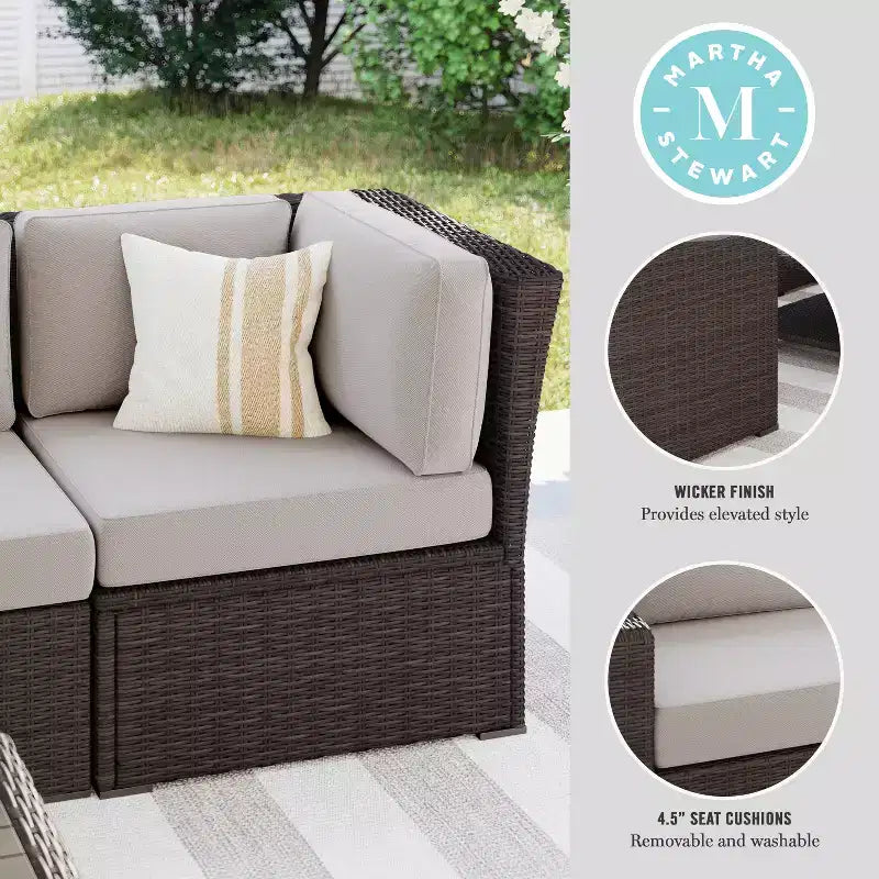 Canapé d'angle modulaire Martha Stewart Bedford pour terrasse intérieure/extérieure en osier avec coussins tout temps