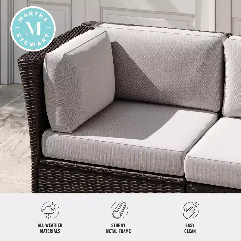 Canapé d'angle modulaire Martha Stewart Bedford pour terrasse intérieure/extérieure en osier avec coussins tout temps