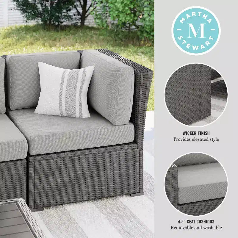 Canapé d'angle modulaire Martha Stewart Bedford pour terrasse intérieure/extérieure en osier avec coussins tout temps