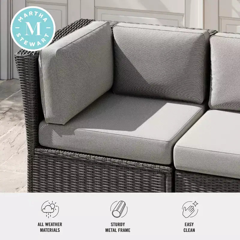 Canapé d'angle modulaire Martha Stewart Bedford pour terrasse intérieure/extérieure en osier avec coussins tout temps