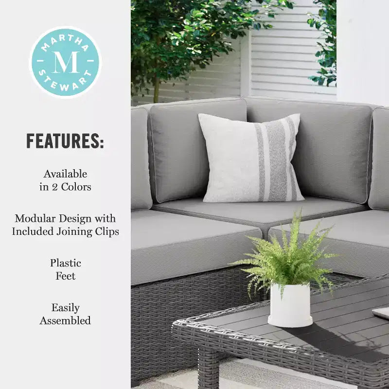 Canapé d'angle modulaire Martha Stewart Bedford pour terrasse intérieure/extérieure en osier avec coussins tout temps