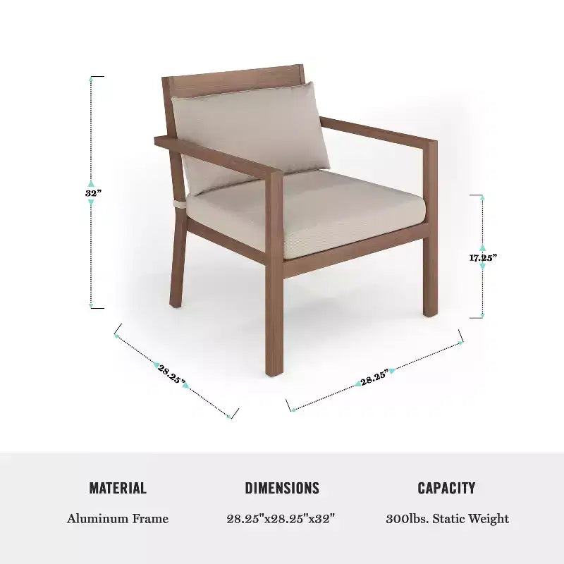 Lot de 2 fauteuils d'appoint Martha Stewart Bedford pour l'intérieur et l'extérieur, avec finition en aluminium brossé aspect bois et coussins d'assise et de dossier résistants aux intempéries