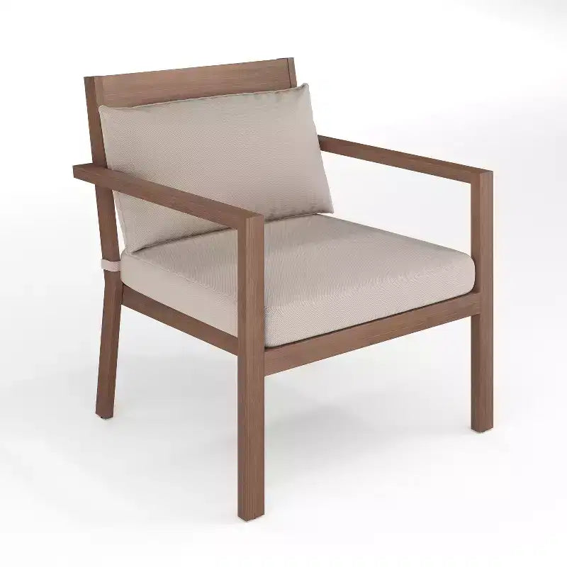 Martha Stewart Bedford Set of 2 Indoor-Outdoor Patio Accent Chairs with Brushed Woodgrain Aluminum Finish and All-Weather Seat and Lumbar Cushions