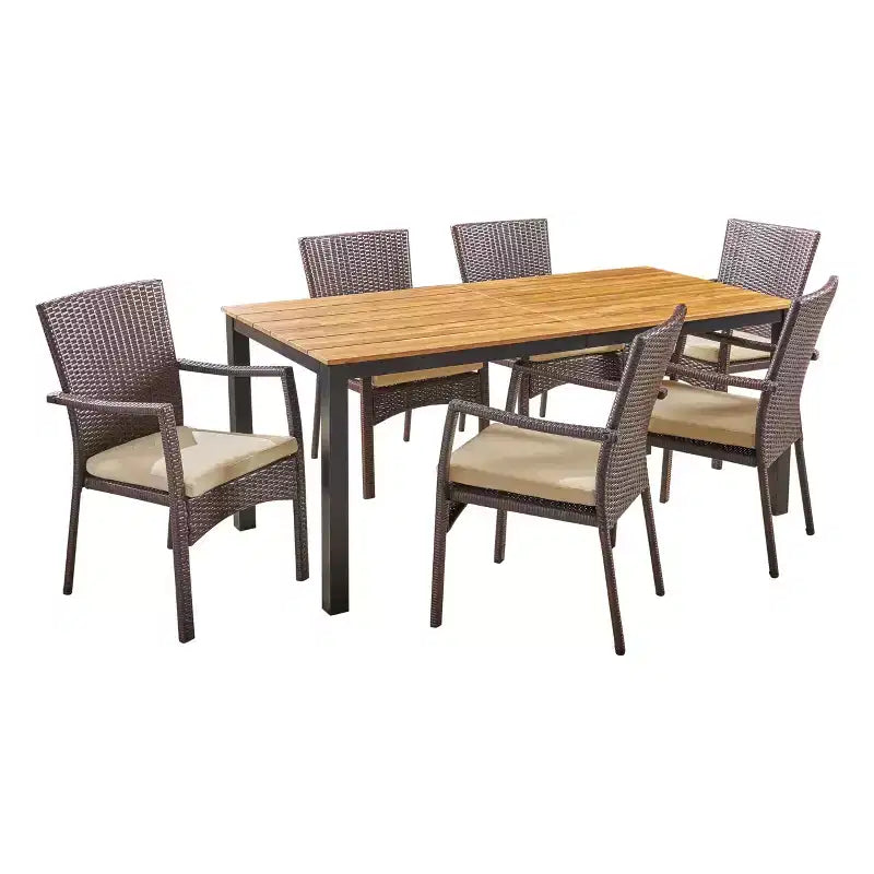 Ensemble de salle à manger 7 pièces GDFStudio Opal en osier d'extérieur et bois d'acacia avec coussin, teck/crème