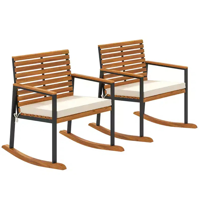 Outsunny Outdoor Rocking Chair Set of 2, Acacia Wood Outdoor Rockers with Armrests, Cushion, Cream White