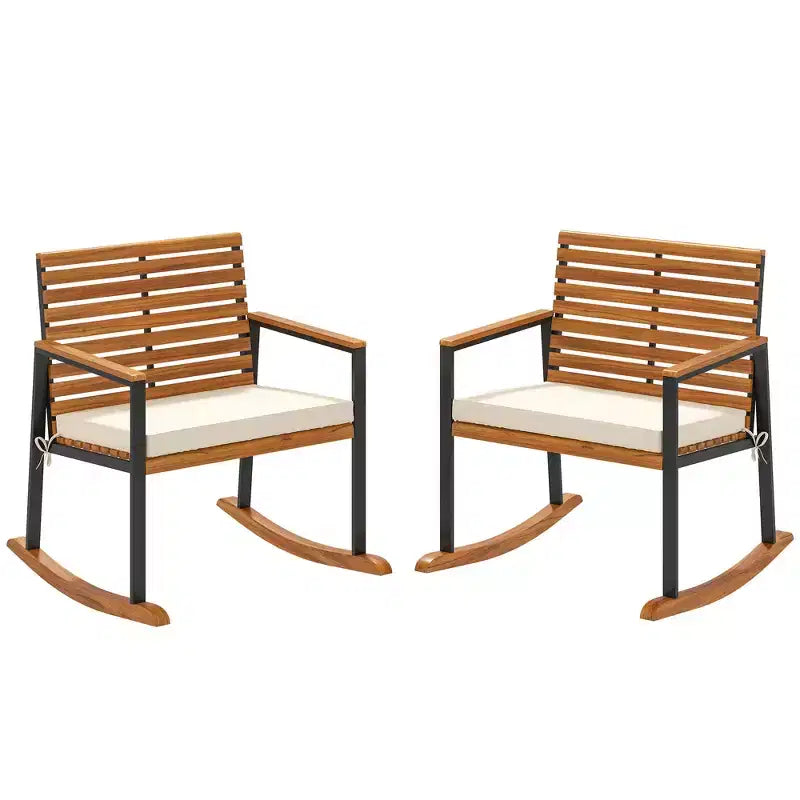 Outsunny Lot de 2 chaises à bascule d'extérieur en bois d'acacia avec accoudoirs et coussin, blanc crème