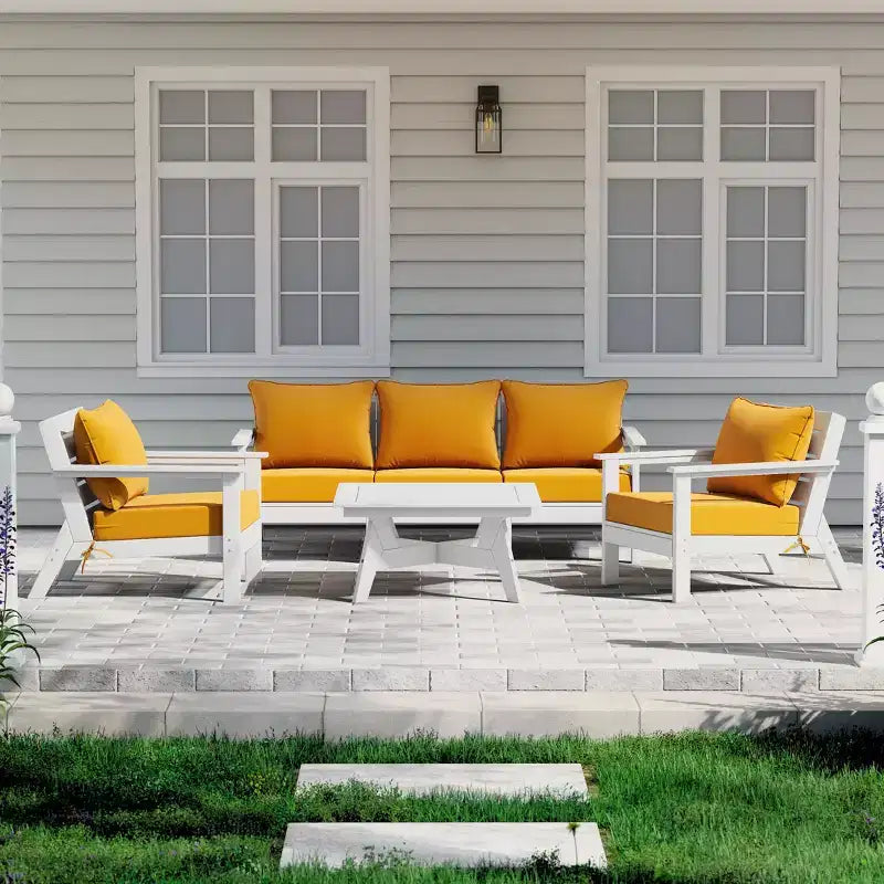 WestinTrends Avalon Salon de Jardin Modulable 6 Pièces, Canapé d'Angle, Blanc/Jaune