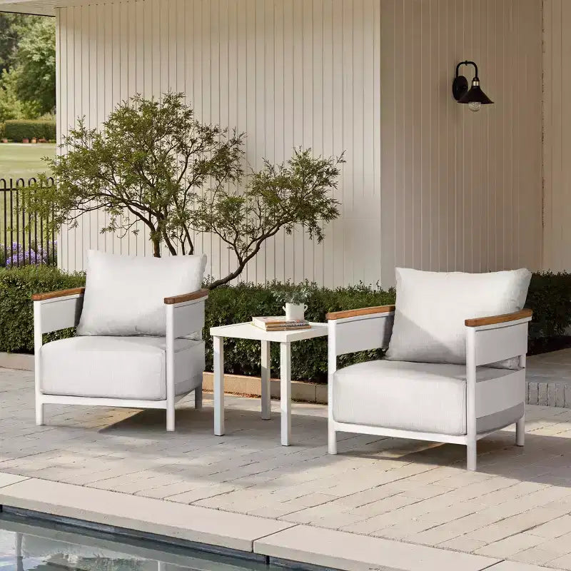 Fauteuil de patio Jennifer Taylor Home Rhodes 29 en teck et aluminium tapissé, chenille gris bouleau